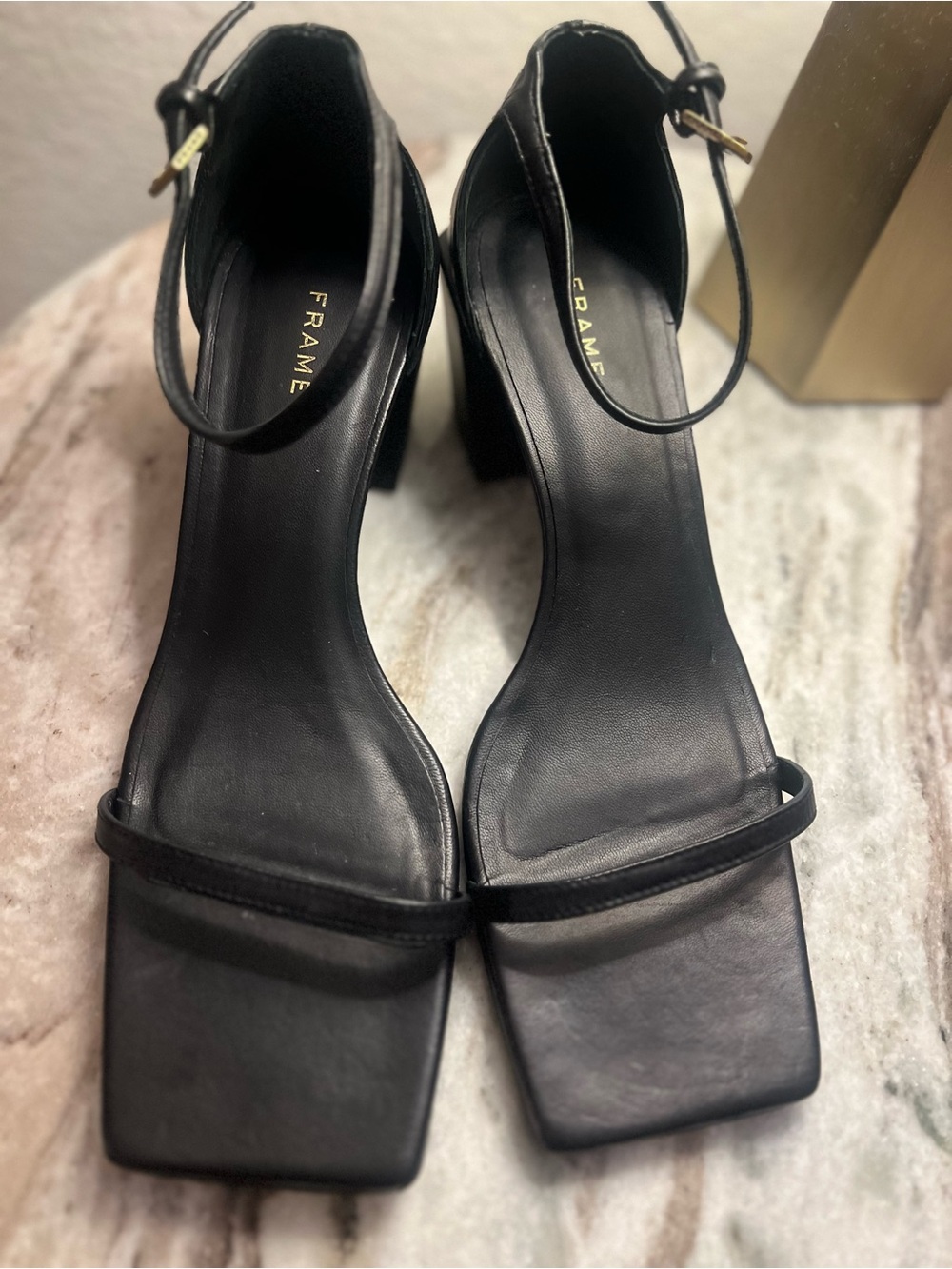 Frame leather black Square-Toe Ankle Strap block heels